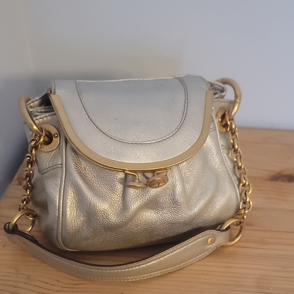 B. Makowsky Silver Shoulder Bag with Gold Details
